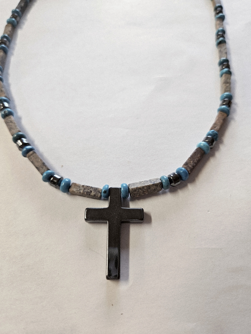 Black Hematite Cross Necklace with Turquoise Hematite And Brown Gemstones Unisex